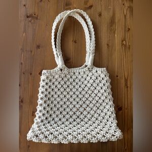 Handwoven Cream Macramé Tote Bag - Braided Handles